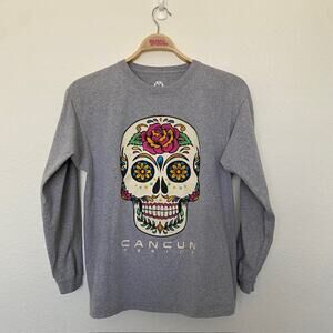 Cancun Mexico Sugar Skull‎ Tropical Relax Tee Shirt Long Sleeve Gray Women's L